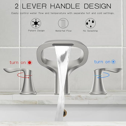 Bathroom Faucet 3 Hole, Brushed Nickel Bathroom Sink Faucets with 2 Handle, Solid Brass Modern Widespread Vanity Faucet with Hoses for 6 to 12 Inch Sinks