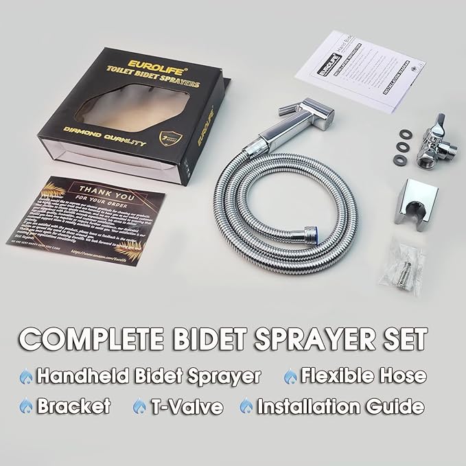 Handheld Bidet Sprayer for Toilet, Lockable Push Button, High Pressure ABS Bidet Sprayer Set with Hose & T-Valve, Easy Install –Chrome – EL-X11-T