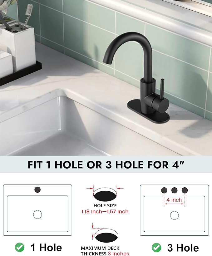 Midanya Single Hole Bathroom Faucet 1 Hole Bar Sink Faucet Suitable for Kitchen RV Vanity,304 Stainless Steel 360° Swivel Spout with Deck Plate and Pop-up Drain,Matte Black