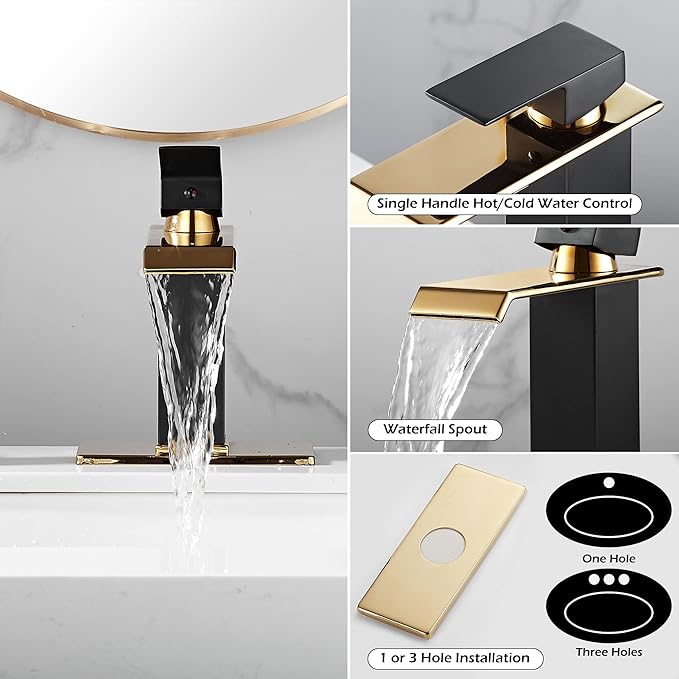 Black Gold Bathroom Faucets Waterfall Spout Basin Sink Faucet with Overflow Drain Assembly Single Handle Bathroom Vanity Sink Faucet with Deck Plate 1-3 Holes Vanity Lavatory Deck Mounted Farmhouse