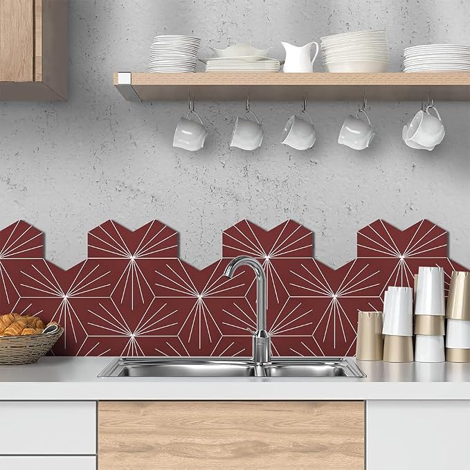 AULIGET Flower Vintage Hexagon Tile Peel and Stick Backsplash, 6"x7" Self Adhesive Wall Tiles in Red (Pack of 45)