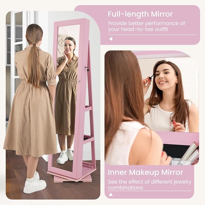 GOFLAME 360° Rotating Jewelry Armoire, Lockable Jewelry Cabinet with Full-Length Mirror & Inner Makeup Mirror, Standing Jewelry Storage Organizer with Rear Storage Shelves, Pink