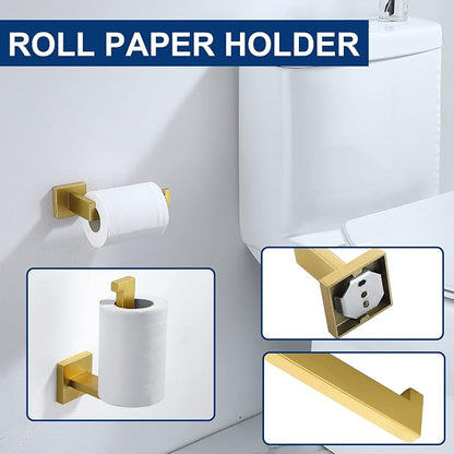 5 Pieces Bathroom Hardware Accessories Set Brushed Gold, 24Inch Bathroom Towel Rack Set SUS304 Stainless Steel, Square Bath Towel bar Set Wall Mounted, Heavy Duty