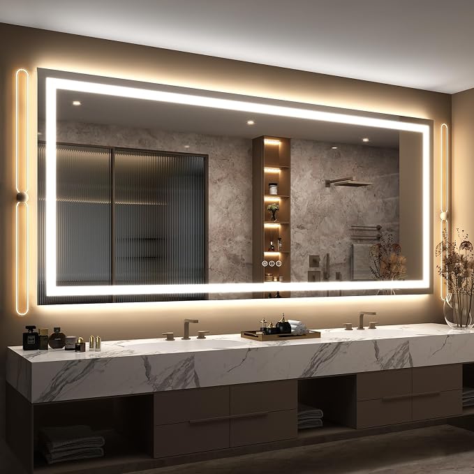 84x40 LED Lighted Bathroom Mirror for Vanity Wall | Front Light and Backlit, Anti-Fog, Memory, 3 Color, Tempered Glass, Dimmable, Rectangular, UL, Horizontal/ Vertical Mounted