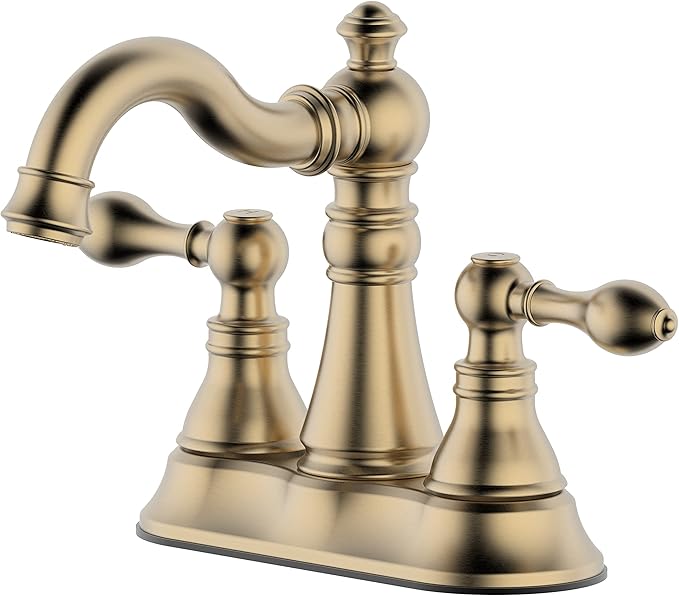 Two Handle Brushed Gold Bathroom Faucet 3 Hole with Plastic Overflow Pop-Up Drain,Swivel Spout Bathroom Sink Faucet 4 Inch Centerset,Meets cUPC NSF 61-9 AB1953,F-0048-BG