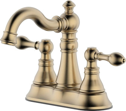 Two Handle Brushed Gold Bathroom Faucet 3 Hole with Plastic Overflow Pop-Up Drain,Swivel Spout Bathroom Sink Faucet 4 Inch Centerset,Meets cUPC NSF 61-9 AB1953,F-0048-BG