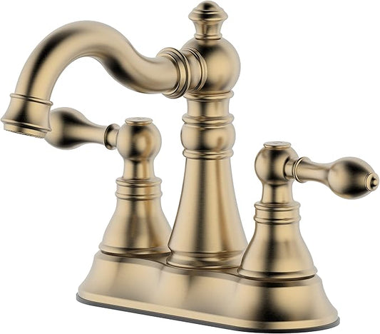 Two Handle Brushed Gold Bathroom Faucet 3 Hole with Plastic Overflow Pop-Up Drain,Swivel Spout Bathroom Sink Faucet 4 Inch Centerset,Meets cUPC NSF 61-9 AB1953,F-0048-BG