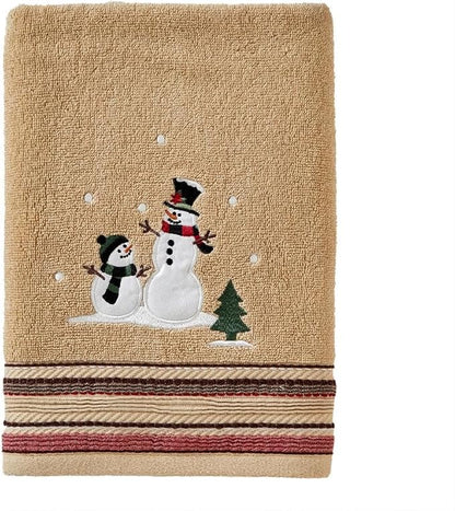 SKL Home Christmas/Winter Rustic Plaid Snowman Bath Towel, Wheat | 100% Cotton. 500 GSM. Soft & absorbent terry with embroidery. Great for holiday gifting.