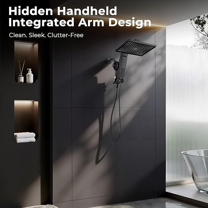 MakeFit Filtered Rain Shower Head with Handheld Combo High Pressure 12'' Rainfall Shower Heads & Hidden Detachable Wand Dual Showerhead Water Softener for Hard Water Easy Filter Replacement
