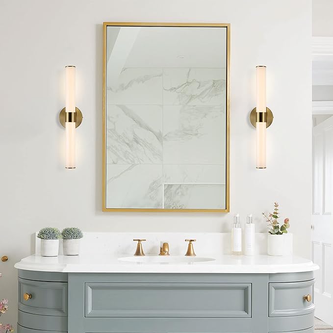 JONATHAN Y 20.13" Brass Gold 1-Light Integrated LED Vanity Light, Mid-Century Modern Iron Sconce with Frosted Acrylic Shade, Dimmable Bathroom Light Fixture for Mirror, 3000K JYL7119A