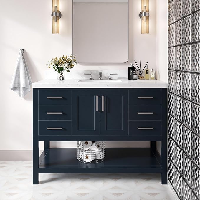 Olivia 48" Midnight Blue Bathroom Vanity with Sink, 1.5" Carrara Quartz Countertop, Rectangular Undermount Sink, 2 Soft-Closing Doors, 6 Full Extension Dovetail Drawers