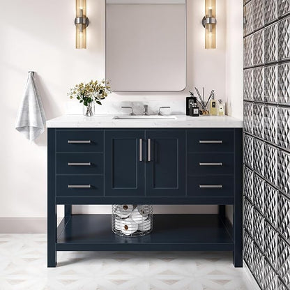 Olivia 48" Midnight Blue Bathroom Vanity with Sink, 1.5" Carrara Quartz Countertop, Rectangular Undermount Sink, 2 Soft-Closing Doors, 6 Full Extension Dovetail Drawers