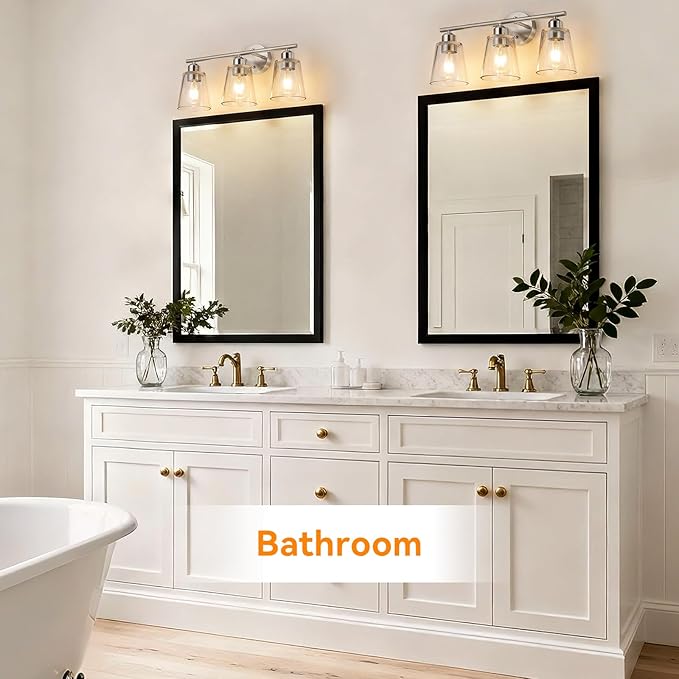 TALOYA 19 Inch Brushed Nickel Bathroom Light Fixtures with Thickend Clear Tapered Glass Shade, 3-Light Modern Vanity Light Over Mirror for Bathrooms, Bedrooms (Bulbs Not Included)