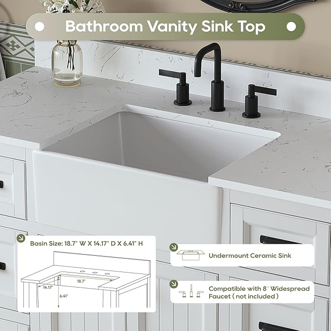 48 Inch Bathroom Vanity with Apron Farm Sink, White Farmhouse Bathroom Sink Cabinet with Soft Closing Doors & Dovetail Drawers, Single Sink Bathroom Vanity, No Assembly Required