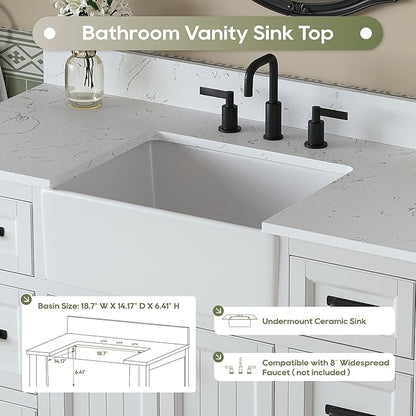 48 Inch Bathroom Vanity with Apron Farm Sink, White Farmhouse Bathroom Sink Cabinet with Soft Closing Doors & Dovetail Drawers, Single Sink Bathroom Vanity, No Assembly Required