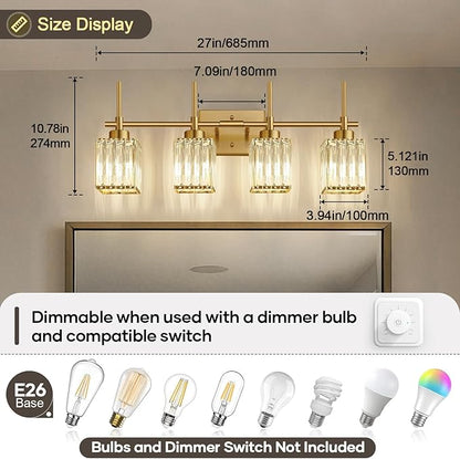 Torondo Modern Crystal Bathroom Vanity Light 4-Lights Brushed Gold Bathroom Light Fixtures Over Mirror Brushed Gold Vanity Lighting Fixtures Square Shade Brass Wall Sconce (Bulbs Not Include)