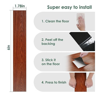 VallisCo 36-Pack Peel and Stick Vinyl Flooring - Self-Adhesive Waterproof Vinyl Flooring for Bedroom, Kitchens, Living Spaces, Unique Design, Easy to Install Floor Covers 54 Sq. Ft Red Brown