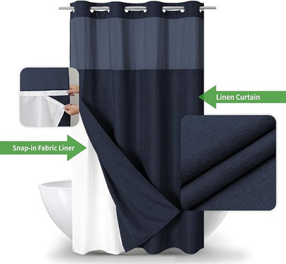 eachope No Hook Fabric Shower Curtain with Snap-in Liner,54x80 Navy Blue | Linen Texture,230GSM Thick Fabric,Hotel Luxury Decor,Mesh Window,Waterproof & Machine Washable,for Shower Stall or Bathroom