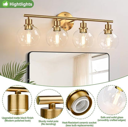 4-Light Bathroom Light Fixtures,Gold Modern Vanity Lights Over Mirror with Clear Glass Globe Shade, Bathroom Wall Sconces for Mirror Kitchen Living Room Hallway Cabinet Bedroom Porch