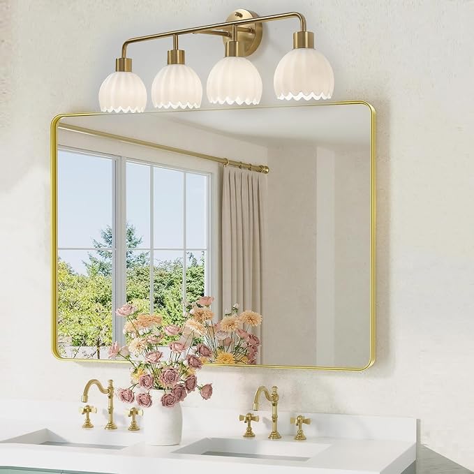 Brushed Gold 4-Light Vanlity Light Over Mirror,Wall Sconces,Gold Brass Bathroom Light Fixture with White Glass Flower Shade,E26(Bulbs Not Included)