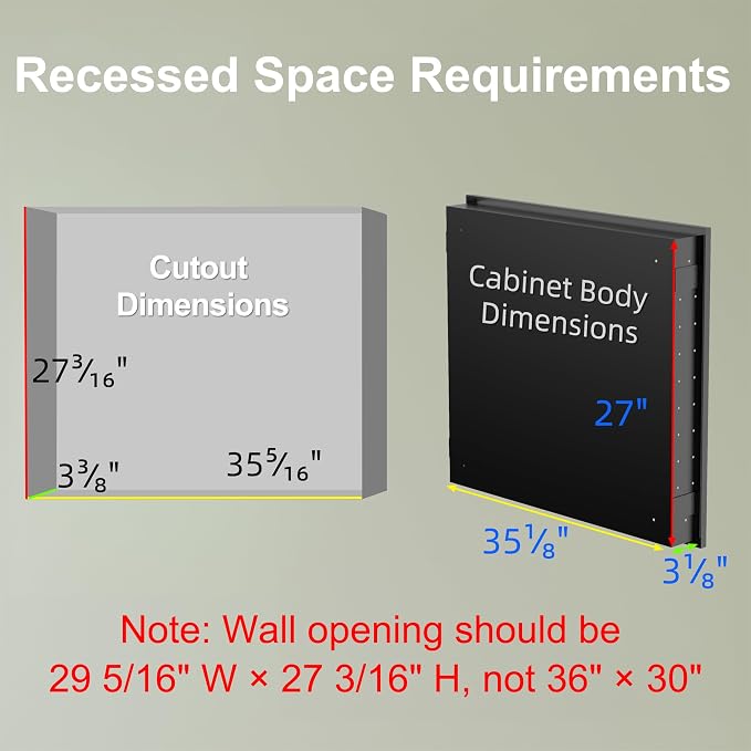 Buruis 36 x 30 Inch Framed Medicine Cabinet Mirror, Recessed/Wall Mounted | Fully Assembled, Fits 35-5/16 x 27-3/16 Inch Rough Opening, Adjustable Glass Shelves, Soft-Close Hinges, Black