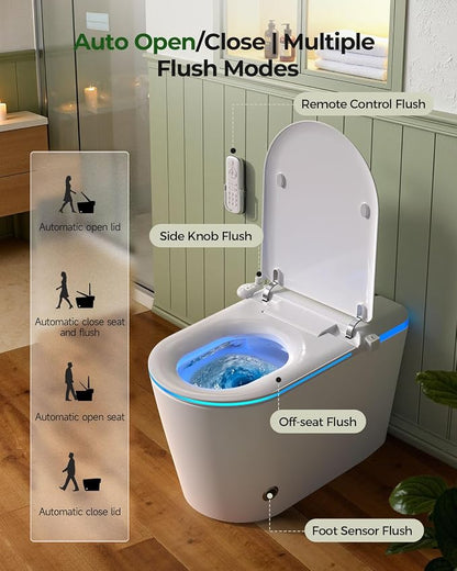 Nordic Smart Toilet with Built in, Auto Open Close Lid,Tankless One Piece Toilet, ADA Comfort Height, 1.28 GPF Auto Dual Flush, Heated Seat, Warm Air Dryer & Digital Display
