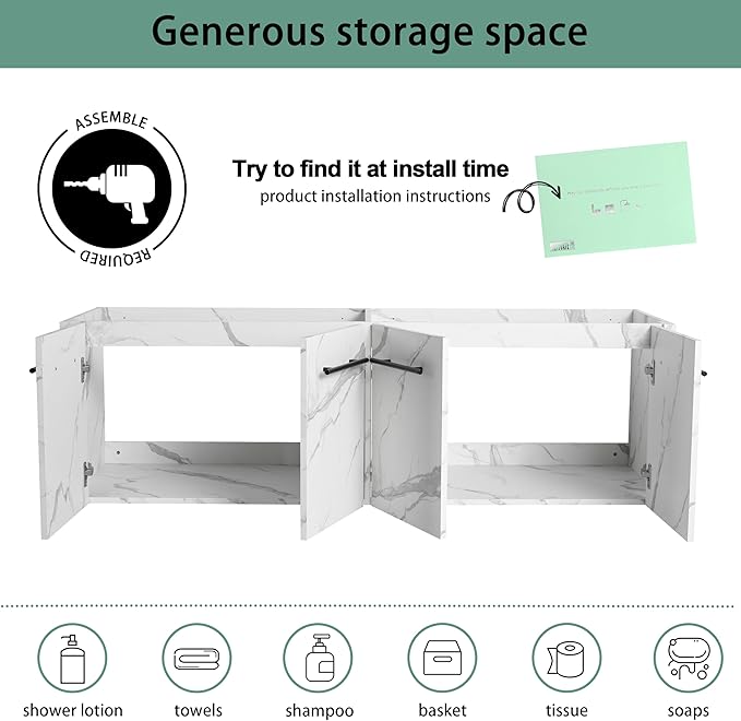 60 Inch Floating Bathroom Vanity,60" Bathroom Vanity Without Sink,Modern Bathroom Vanity Cabinet,White Wall Mounted Cabinet(Sink Basin Not Included)