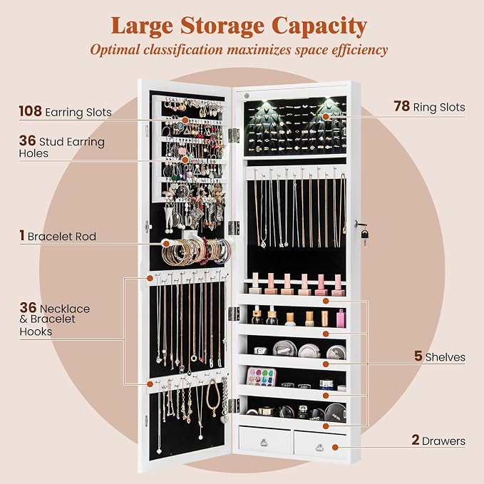 Giantex Jewelry Armoire Wall Door Mounted, Lockable Jewelry Cabinet with 42.5'' Full Length Mirror, 2 LEDs Jewelry Organizer Box with 2 Drawers, Mirror with Jewelry Storage (White)