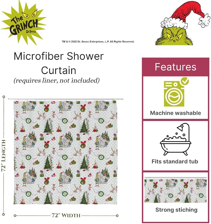 Grinch Wrapping Paper Holiday Christmas 13-Piece Shower Curtain Set, 72 x 72 Inch Fabric Curtain with Hooks, Bathroom Decor, Machine Washable, (100% Officially Licensed Product) by Franco Collectibles