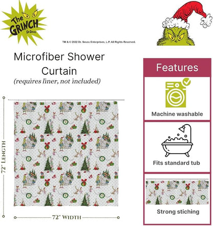Grinch Wrapping Paper Holiday Christmas 13-Piece Shower Curtain Set, 72 x 72 Inch Fabric Curtain with Hooks, Bathroom Decor, Machine Washable, (100% Officially Licensed Product) by Franco Collectibles