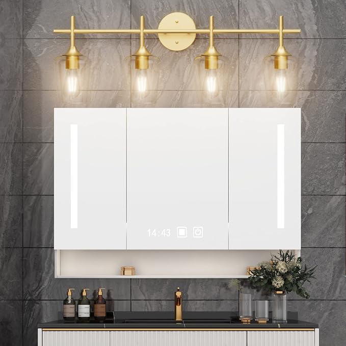 Ralbay 4-Lights Gold Vanity Light Fixture Vintage Gold Vanity Lights Wall Lighting Clear Glass Gold Bathroom Light Fixtures Over Mirror