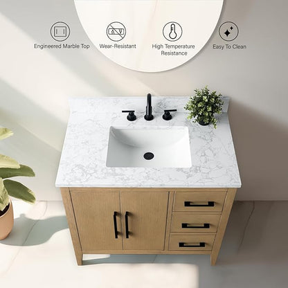 Vanity Art 36 inch Bathroom Vanity with Single Sink & Ceramic Top, Vanity Cabinet with Soft-Closing Doors, Drawers, Solid Wood Frame, Natural Oak,VA9036-NO-MB1