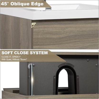 Pre-Assembled 30" Floating Bathroom Vanity with Sink, Ash Grey | Wall-Mounted Bathroom Vanity with Solid Surface Top Basin, 2 Soft Close Drawers, Easy to Install & Clean