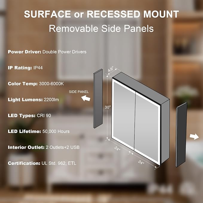 48" X 30" LED Mirrored Medicine Cabinet, Medicine Cabinets with Lights for Bathroom, Defogging Function Mirror Cabinet, Bathroom Medicine Cabinet with USB Port & Outlet, Double Opening Doors