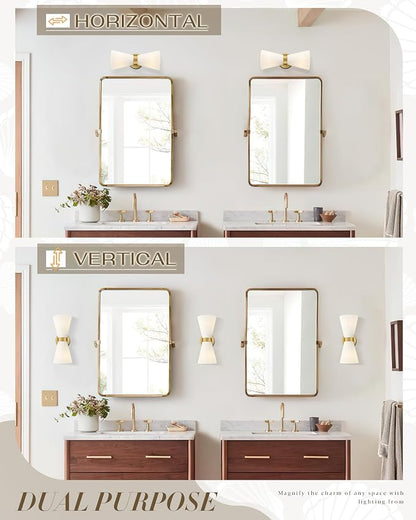 Modern Wall Sconce Set of 2, HWH 2-Light Up Down Wall Light Indoor Vanity Wall Lamp, Brushed Gold Bathroom Vanity Sconce Frosted White Striped Glass Shade, 5HZG97B-2W-2PK BG
