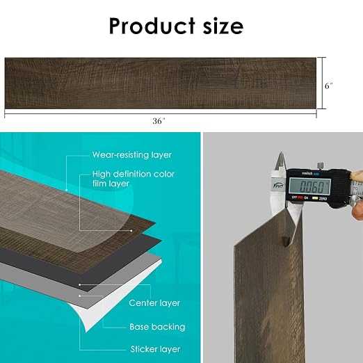 MULGREAT Peel and Stick Floor Tile, 54 Sq.Ft Self Adhesive Vinyl Flooring Plank, 36 Pieces Waterproof Heavy Duty Wood Grain Tiles, 36"x6" DIY Planks for Bedroom Kitchen Basement Home Brown