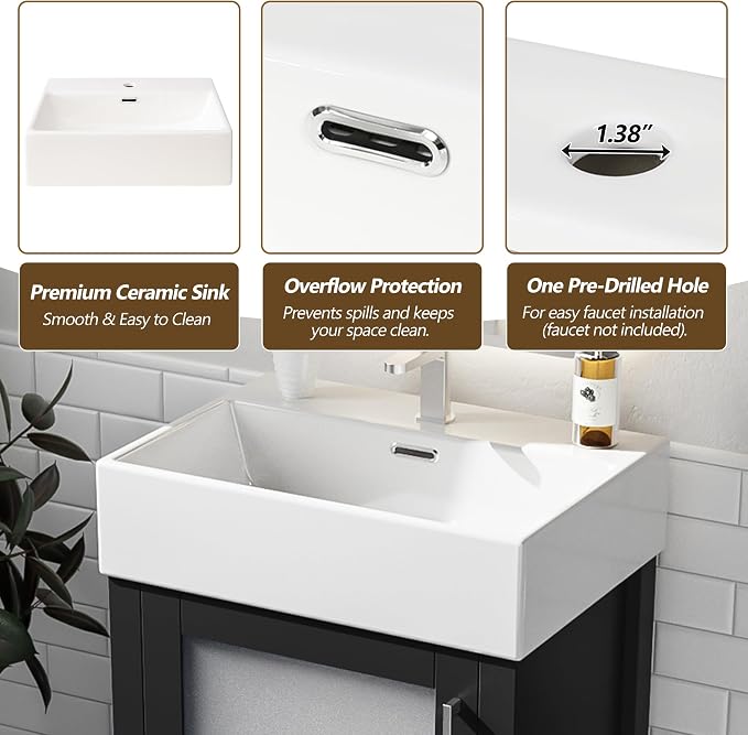Merax 20 Inch Bathroom Vanity with Ceramic Sink and Ample Storage,Ideal for Small Bathrooms,Black