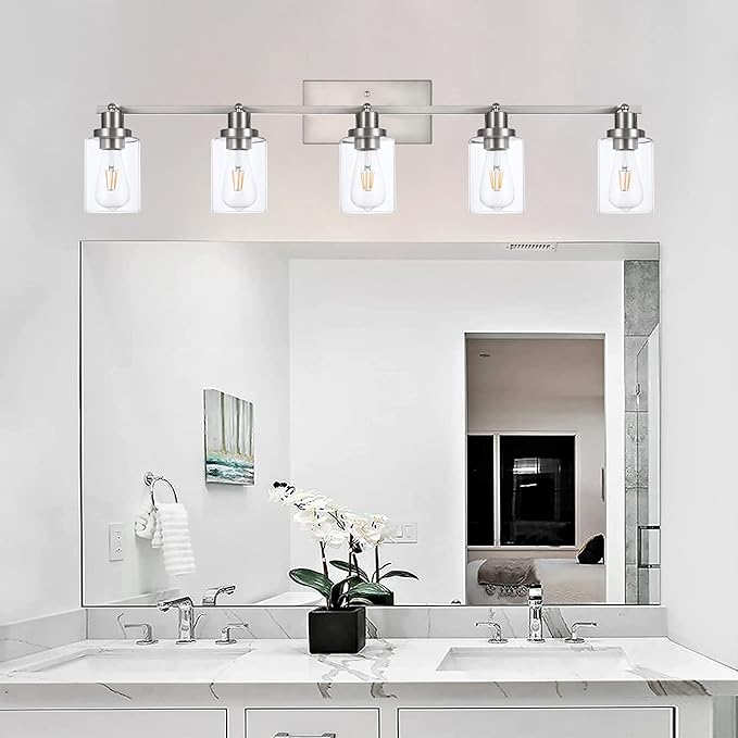MELUCEE 5 Light Bathroom Light Fixtures Multi-Directional Rotating Track Lighting Kit Brushed Nickel, Ceiling Spotlight Fixture for Kitchen Foyer Bath, Clear Glass Shade
