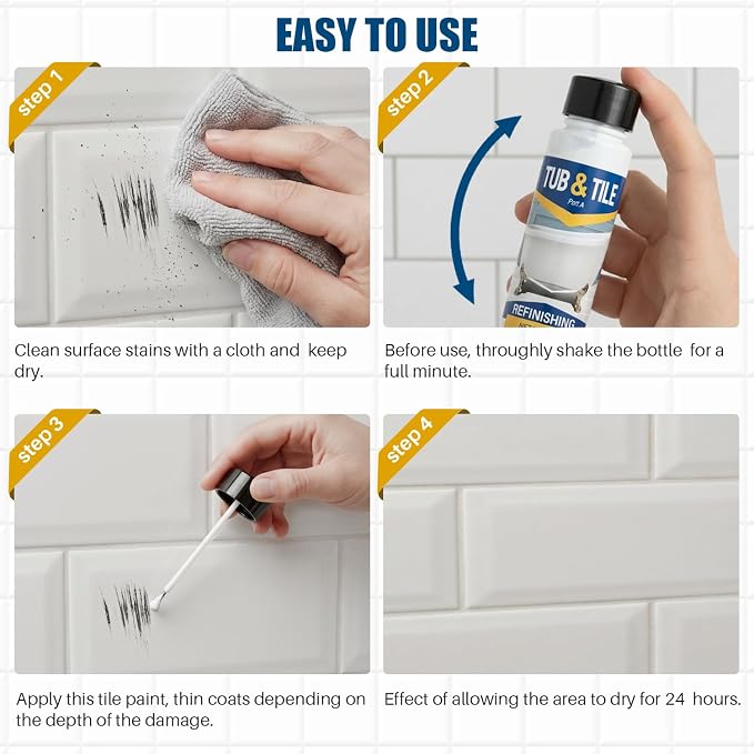Tub and Tile Refinishing Kit, 1.05oz White Quick-Dry Tile Paint for Wall & Floor, Sink Bathtub and Toilets Paint for Bathroom, Kitchen, Toilets, Water Based