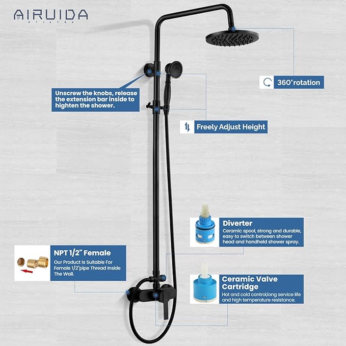 Airuida Exposed Shower System, 8 Inch Rainfall Shower Head with Handheld Spray, Single Handle Wall Mount Shower Faucet Set, Solid Brass Dual Function Exposed Pipe Fixture for Bathroom,Matte Black