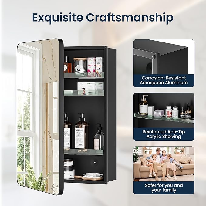 Medicine Cabinet 20x26 Inch, Aluminum Bathroom Mirror Cabinet with Storage, Recessed or Surface Mount, Black Vanity Storage Unit with 3 Anti-Tip Adjustable Acrylic Shelves, Soft Close Hinge