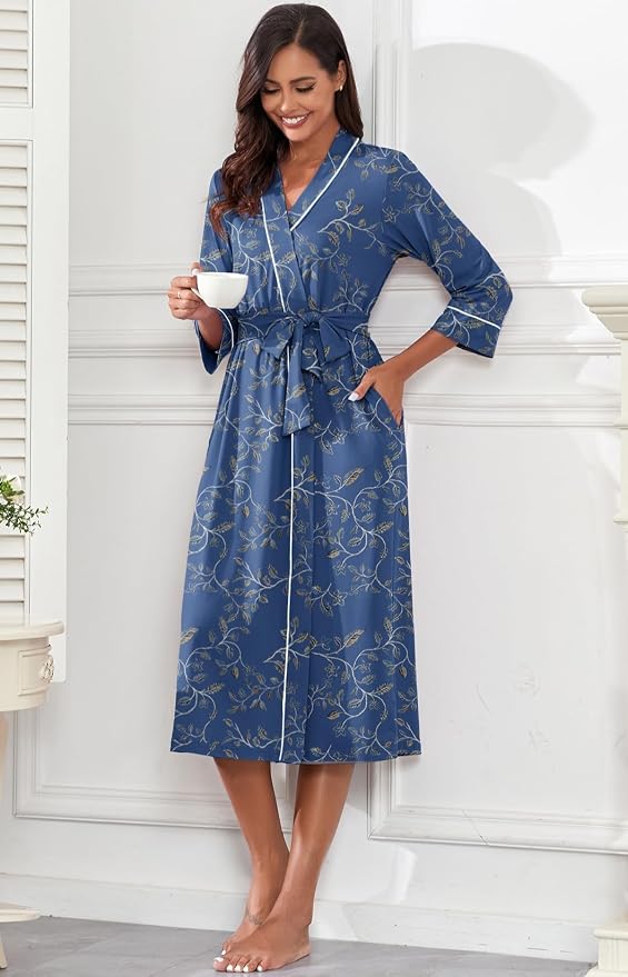 PrinStory Robes for Women 3/4 Sleeve Long Bath Robe XS-4XL | V-Neck Knit Bathrobe with Pockets, Lightweight, Soft, Breathable Robes for Shower, Spa, Travel, Home, Party, Nursing