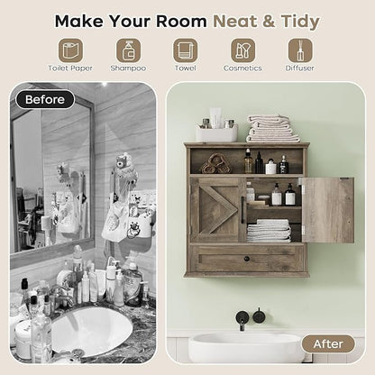 Bathroom Wall Cabinet, Wall Mounted Medicine Cabinet with Drawer, Barn Door & Adjustable Shelf, 24.4"H x 23.6"W x 9"D Grey Over Toilet Farmhouse Storage Cabinet for Kitchen, Laundry, Entryway