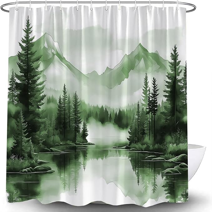 Sage Green Misty Forest Shower Curtain Mountain Foggy Pine Trees Landscape Watercolor Jungle Plant Rustic Nature Scenery Lake Fabric Bathroom Curtain Set with Hook