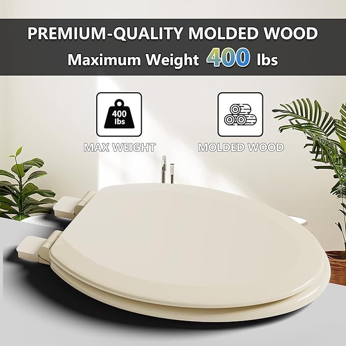 Angol Shiold Quiet-Close Molded Wood Toilet Seat with Non-Slip Adjustable Hinges, Anti-Pinch Bumpers, Easy Install & Clean（Biscuit, Elongated 18.5''）