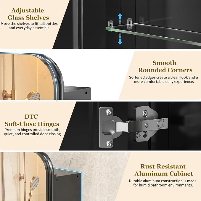 24 x 30 Black Medicine Cabinet Mirror, Recessed or Surface Mount | Bathroom mirror with storage: 6 adjustable shelves fit tall bottles; DTC soft-close hinges; rust-resistant aluminum