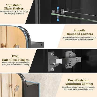 24 x 30 Black Medicine Cabinet Mirror, Recessed or Surface Mount | Bathroom mirror with storage: 6 adjustable shelves fit tall bottles; DTC soft-close hinges; rust-resistant aluminum