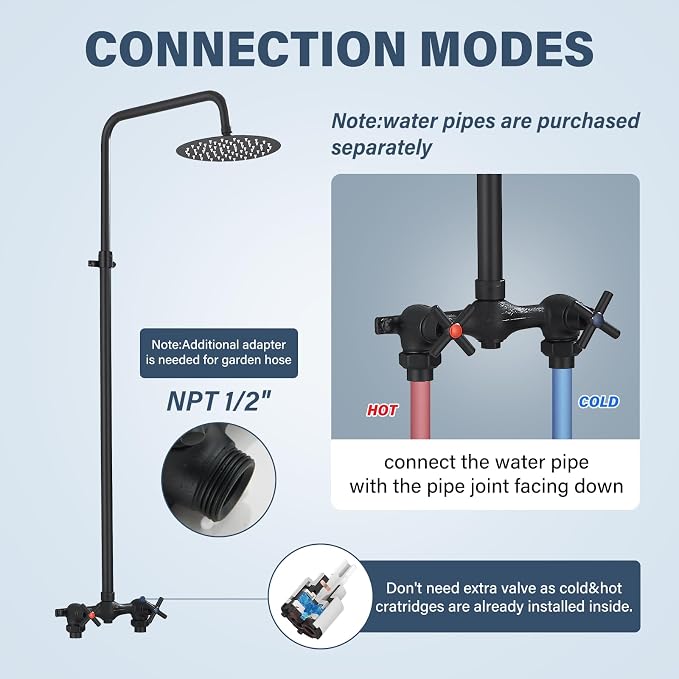 Outdoor Shower Kit with Matte Black 8 Inch Stainless Steel Rain Shower Head and Double-Handle Cross Handwheel,Adjustable Height Outdoor Shower Fixtures