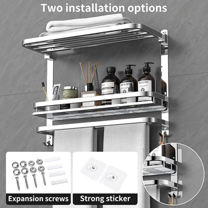 CAXIMSY Towel Rack with Shelf, 22.63" Bathroom Shelf with Double Towel Bars Stainless Steel, Wall Mounted, Foldable Top, 2 Hooks, Adhesive/Screw Install, Space-Saving for Small Bathrooms & Apartments