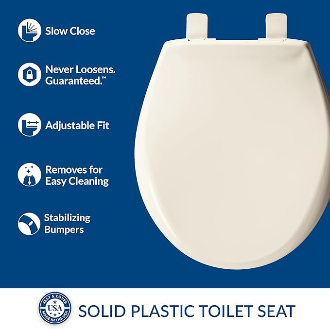 Mayfair Aurora Slow Close Toilet Seat, Easy Clean Hinges and Adjustable Perfect Fit Plastic Seat, Made in USA, Round, Biscuit